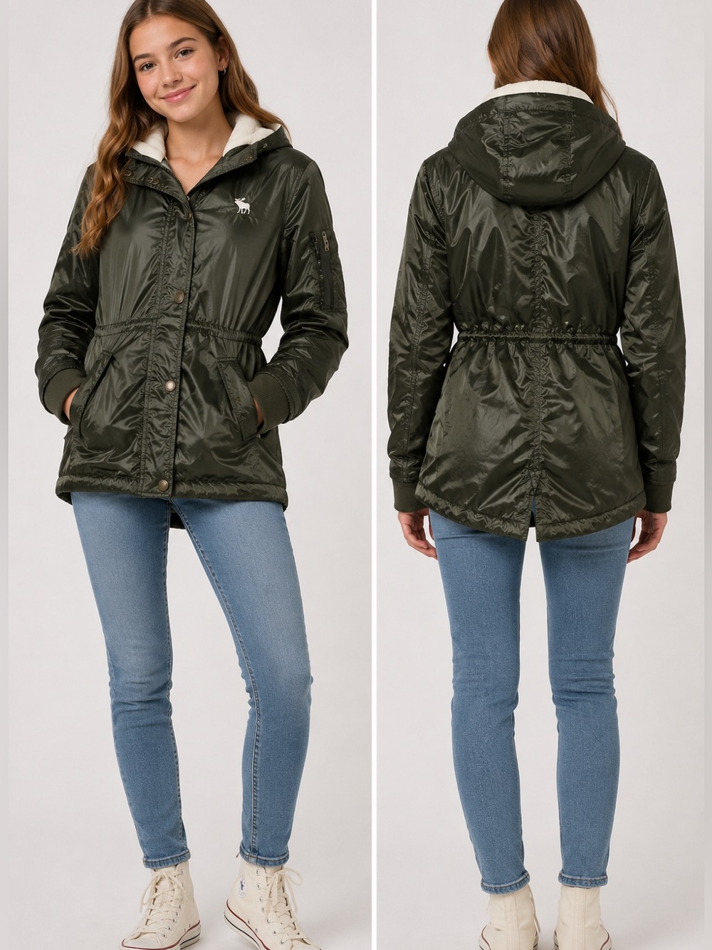 Abercrombie Kids Girls 15/16 Lightweight Fleece Lined Hooded Nylon Jacket Olive